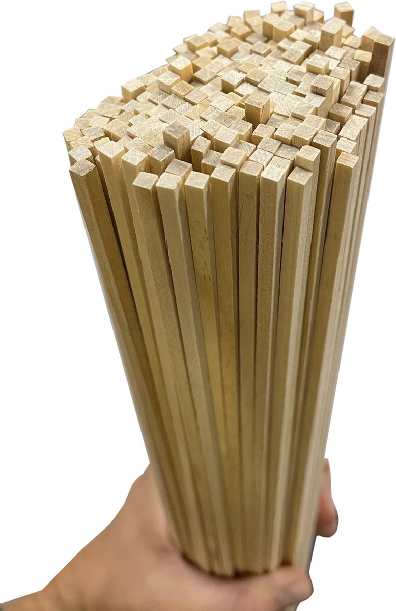 Set van 200 houten stokken (vierkant, 4.0x4.0 mm, 38 cm lang, berkenhout)