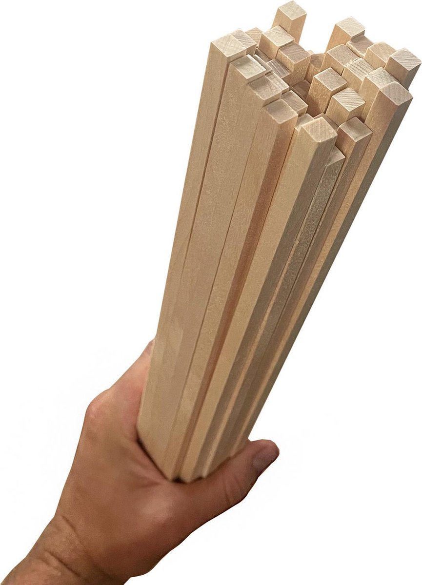 Set van 50 houten stokken (vierkant, 8x8 mm, 70  cm lang, berkenhout)