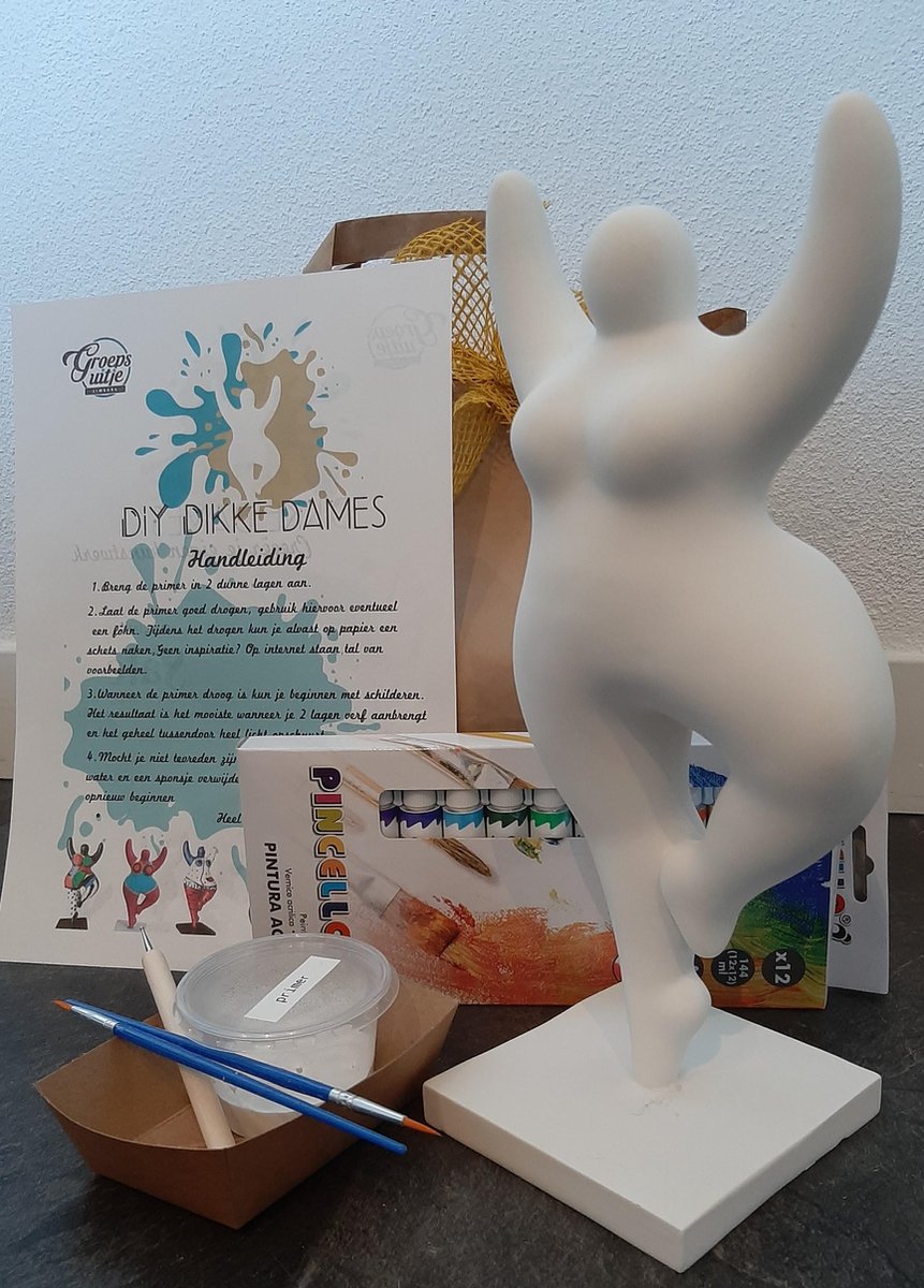 Diy workshop dikke dames beeldjes 30 cm hoog met compleet pakket  om te beschilderen incl. primer acrylverf pencelen & dot pen