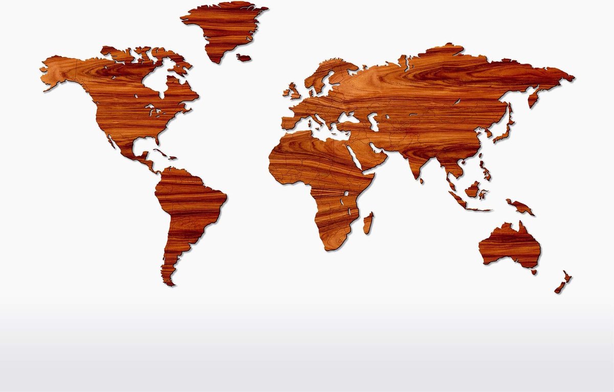 Wooden Amsterdam Houten Wereldkaart - Wanddecoratie - Palissander - Product Grootte: 216 x 108 cm