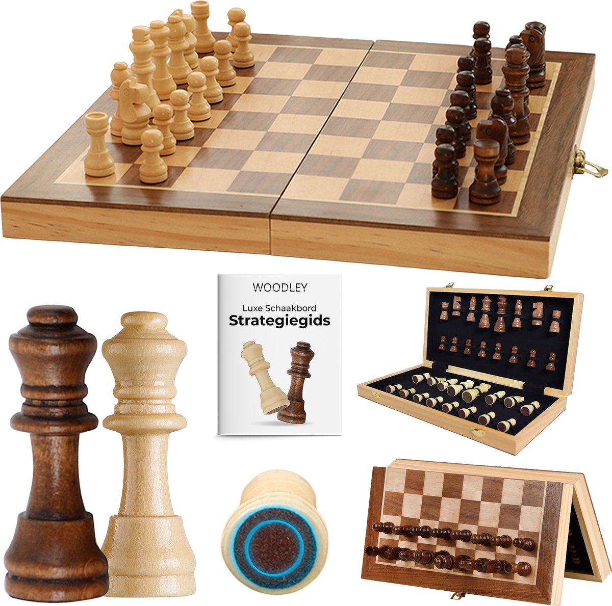 Woodley Luxe Houten Schaakbord - Opvouwbare schaakset met schaakstukken - Schaakspel - Bordspel - Magnetisch schaakbord - Extra Koningin - Chess set - 40cm - Complete set van beginner tot expert - Inclusief strategieboekje