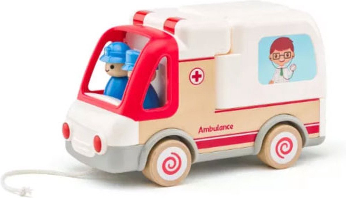 Woody houten ambulance speelgoedauto met licht en geluid - inclusief accessoires.