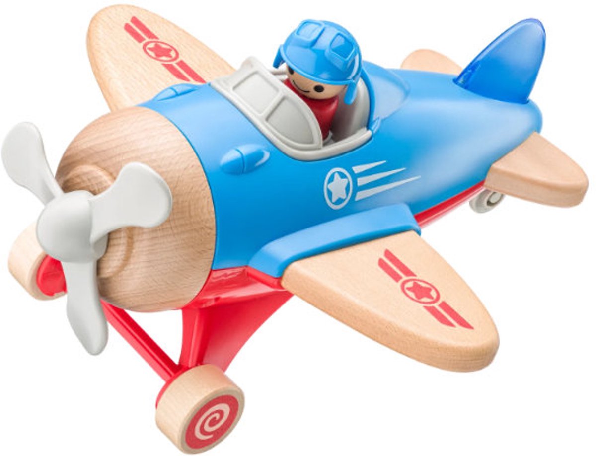 Woody houten vliegtuig met licht en geluid - inclusief piloot - speelgoed.