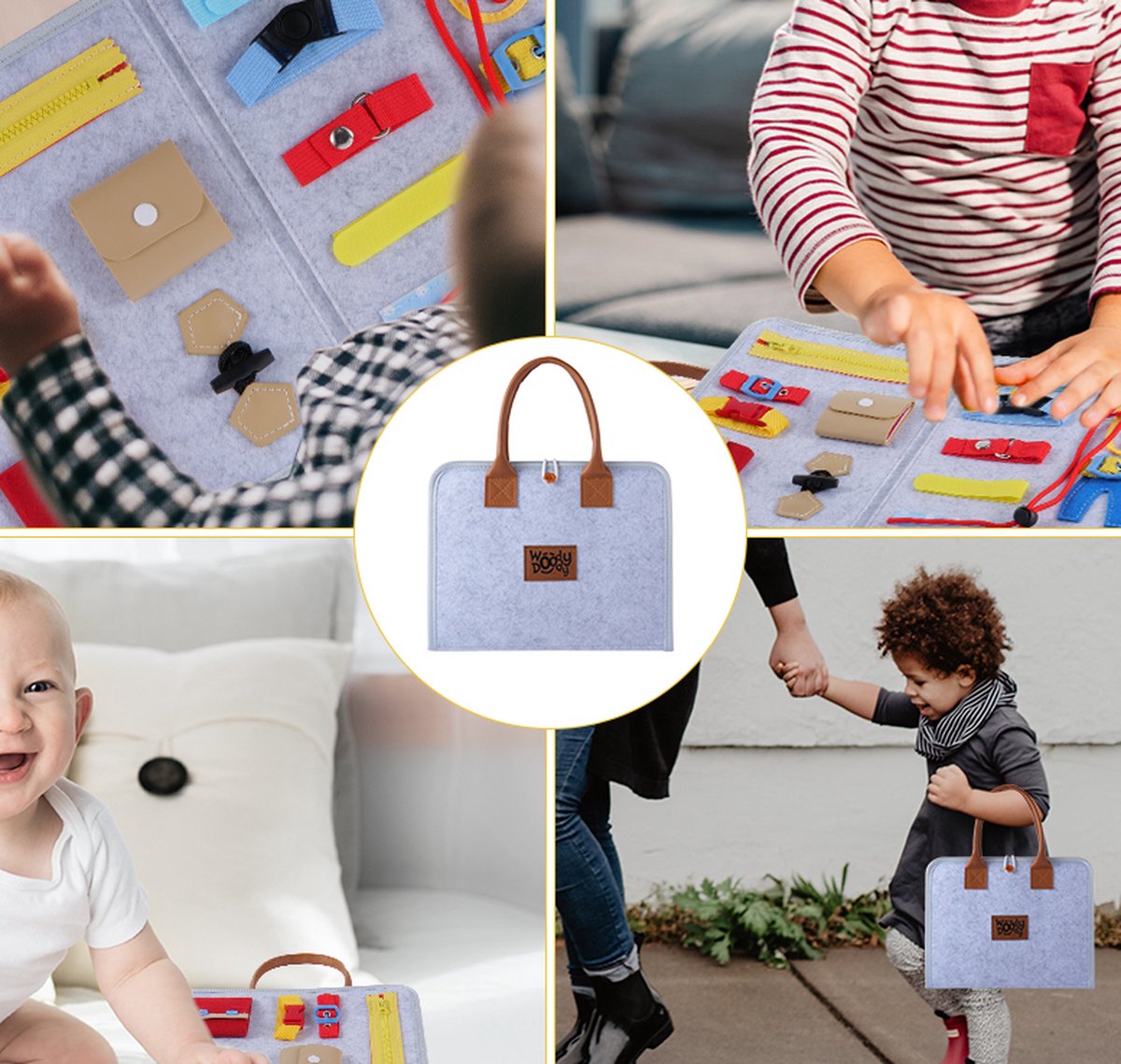 Motoriek Speelgoed Map Busy Board UNISEX DELUXE EDITIE - Montessori Leren Veter Strikken Knopen Leggen Activiteitenbord - Hoogwaardige Draagriem Schouderband van EXTRA DUURZAAM LEER - Jongens en Meisjes - Educatief Spel -  