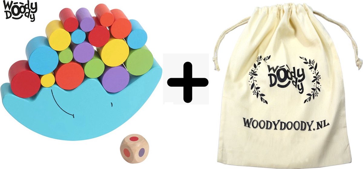 WoodyDoody Houten Balanceer Puzzel met OPBERGZAK met Dobbelsteen Kleuter Educatief COMBI SET Speelgoed 3 jaar Houten Blokken Peuter Speelgoed Veel Kleuren - Leerzame Spellen