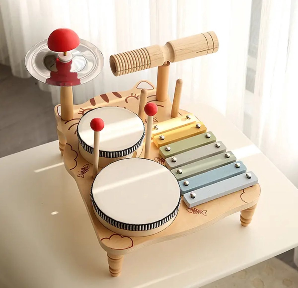 WoodyDoody Houten Muziek Montessori Speelgoed - Houten Speelgoed met Xylofoon en Drums - Kinderspeelgoed - Muziek Cadeau voor Kinderen - Tamboerijn - Speelgoedinstrumenten - Muziekset - Leerzaam Speelgoed - Educatief Spel