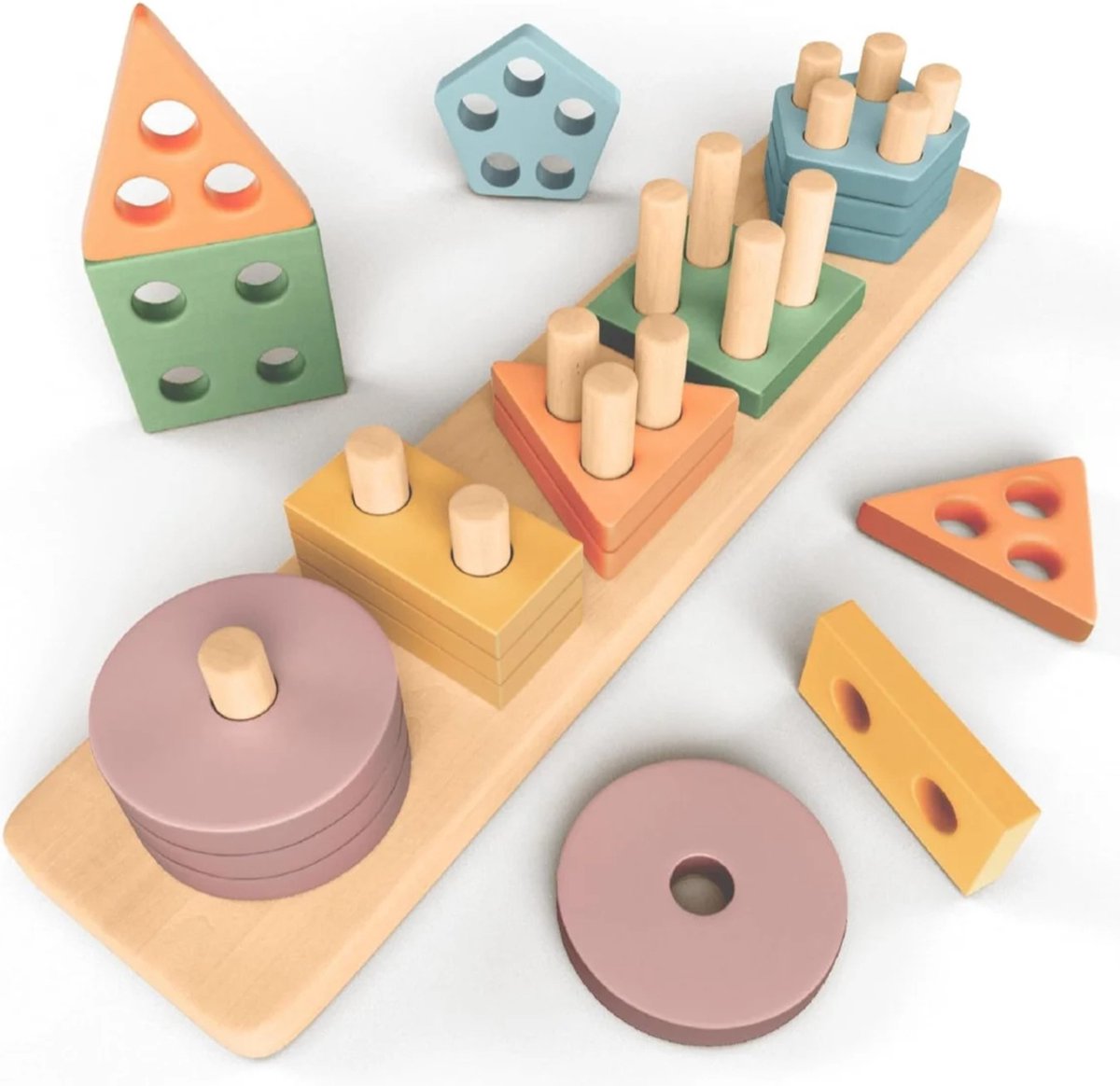 WoodyDoody Montessori Vormen Sorteerspel Sensorisch Speelgoed Vormenstoof - Houten Speelgoed - Montessori Speelgoed voor Motoriek - Educatief Spel van Hout - STEM Speelgoed Vormenstoof met Pastelkleuren - Geometrische Blokken