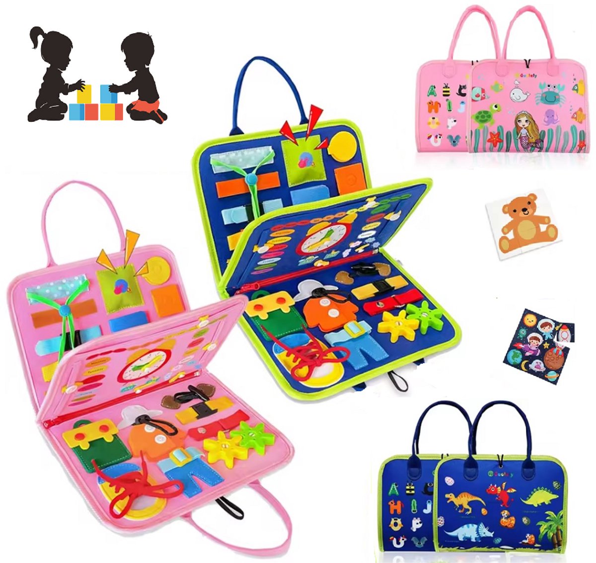 WoodyDoody Motoriek Mappen 2 Stuks Combinatie Voordeel Set Jongen en Meisje - Busy Board - Montessori Speelgoed Leren Veter Strikken - Educatieve Puzzel 3 jaar - Activiteitenbord - 26 Vaardigheden - Sensorisch Speelgoed - Educatief Spel