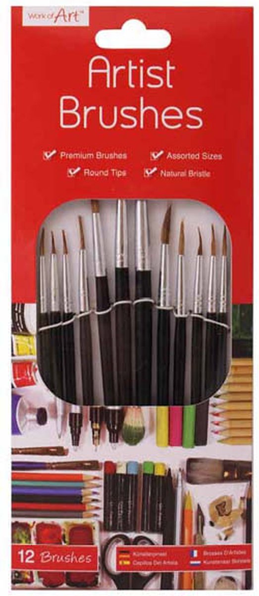 Work of Art penselen - 12 stuks - Kwasten - Natuurlijke haren - Schilderen - Penselen set - 12 verschillende maten - Kwasten schilderen - Kwastenset -Penselen acrylverf