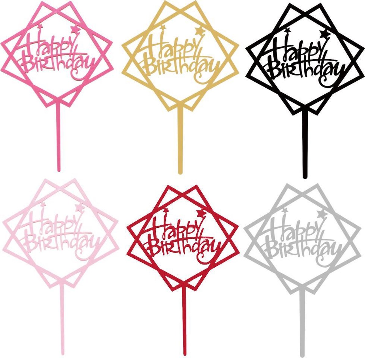 XYZ Goods - Taarttopper Happy Birthday - Taart Decoratie - Cake Topper - Verjaardag - 6 Kleuren Set - Sterren