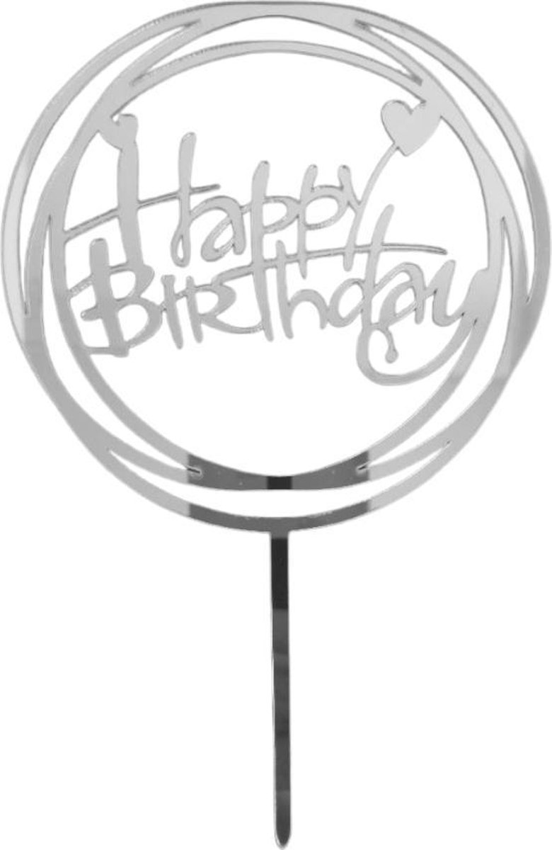 XYZ Goods - Taarttopper Happy Birthday - Taart Decoratie - Cake Topper - Verjaardag - Zilver - Hartjes