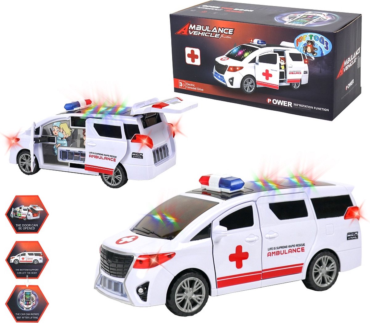 Ambulance Power - Speelgoed Ambulance - Zelf Rijden met Licht Effecten - 360 draai functie en automatisch deuren open
