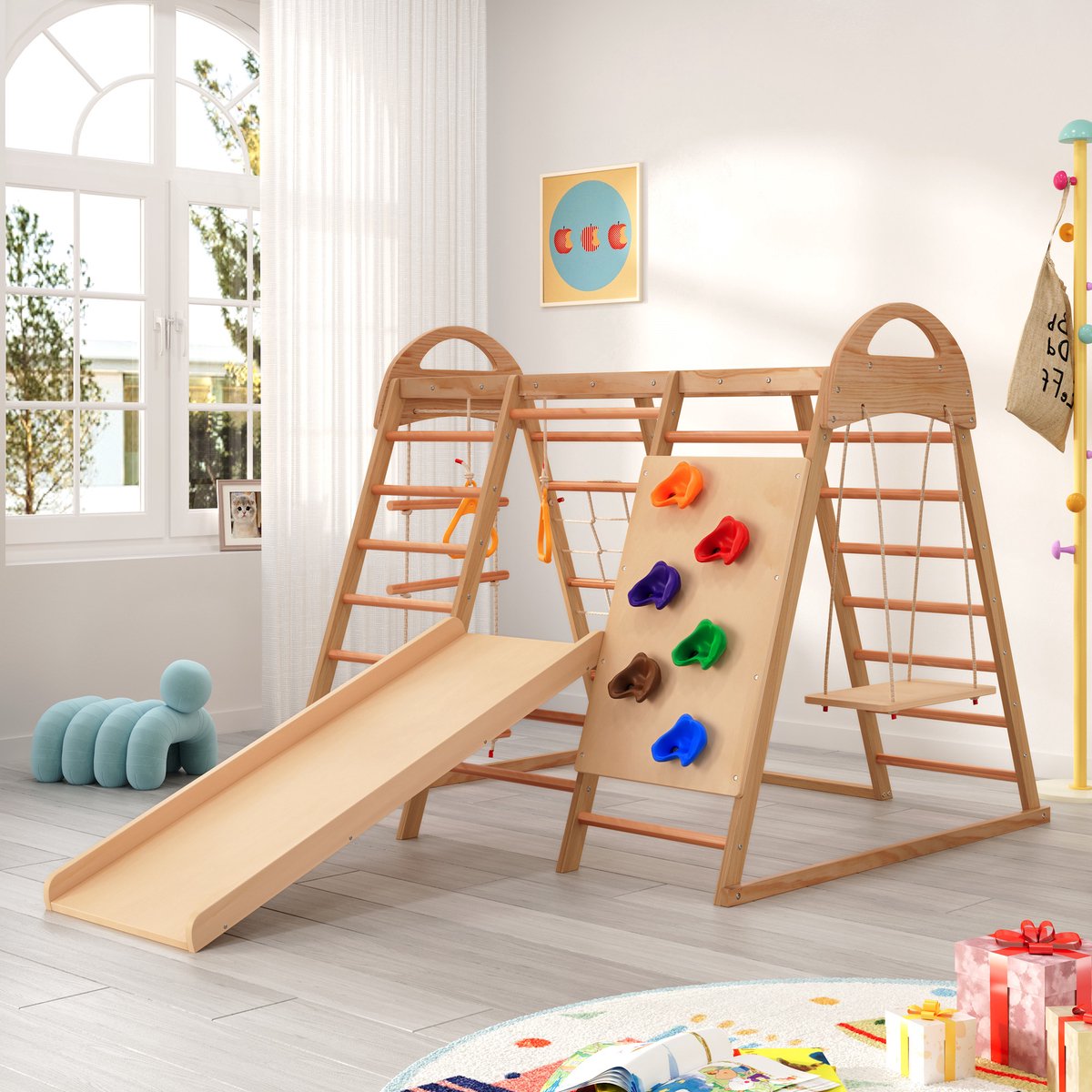 Binnenspeeltuin voor peuters Jungle Gym Set - Houten 7-in-1 multifunctionele klimrekken - Schommel/klimladder/klimplaatglijbaan/net voor klimmen/kunststof klimsteen/ringen-rotsklimtenthuis voor kinderen