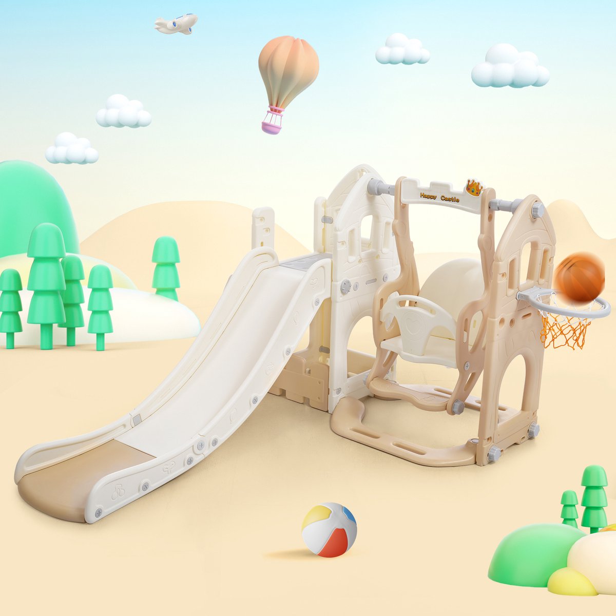 Kinderglijbaanset met schommel - 5 in 1 kinderglijbaan / klimrek / opbergruimte / schommel / basketbalframe - indoor schommelglijbaan voor jongens en meisjes van 2-8 jaar-bruin en wit