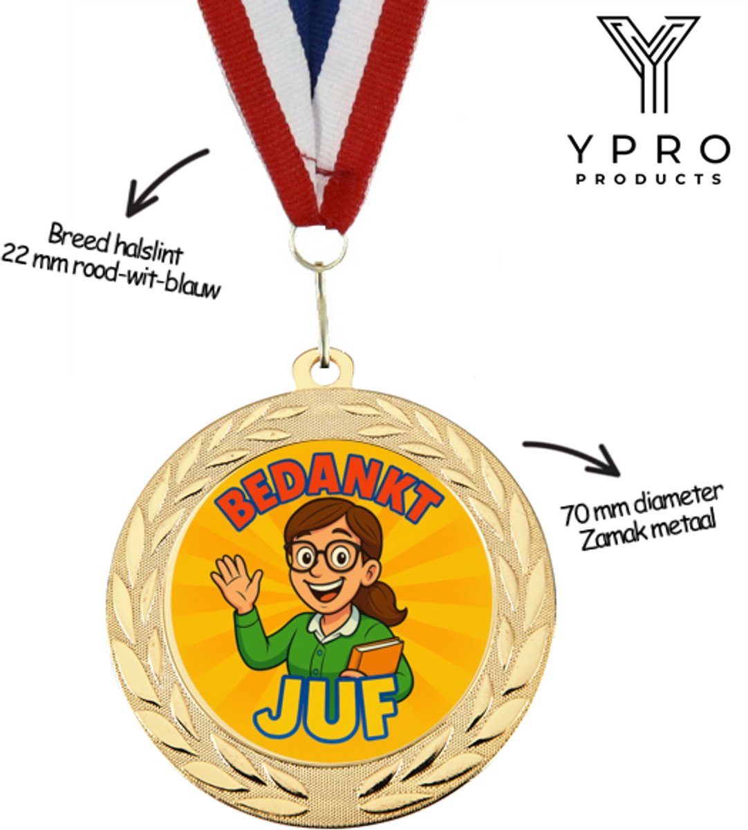 Bedankt Juf Medaille – Goudkleurig – 70 mm – Met Rood-Wit-Blauw Halslint – Perfect Cadeau voor de Juf aan het Einde van het Schooljaar