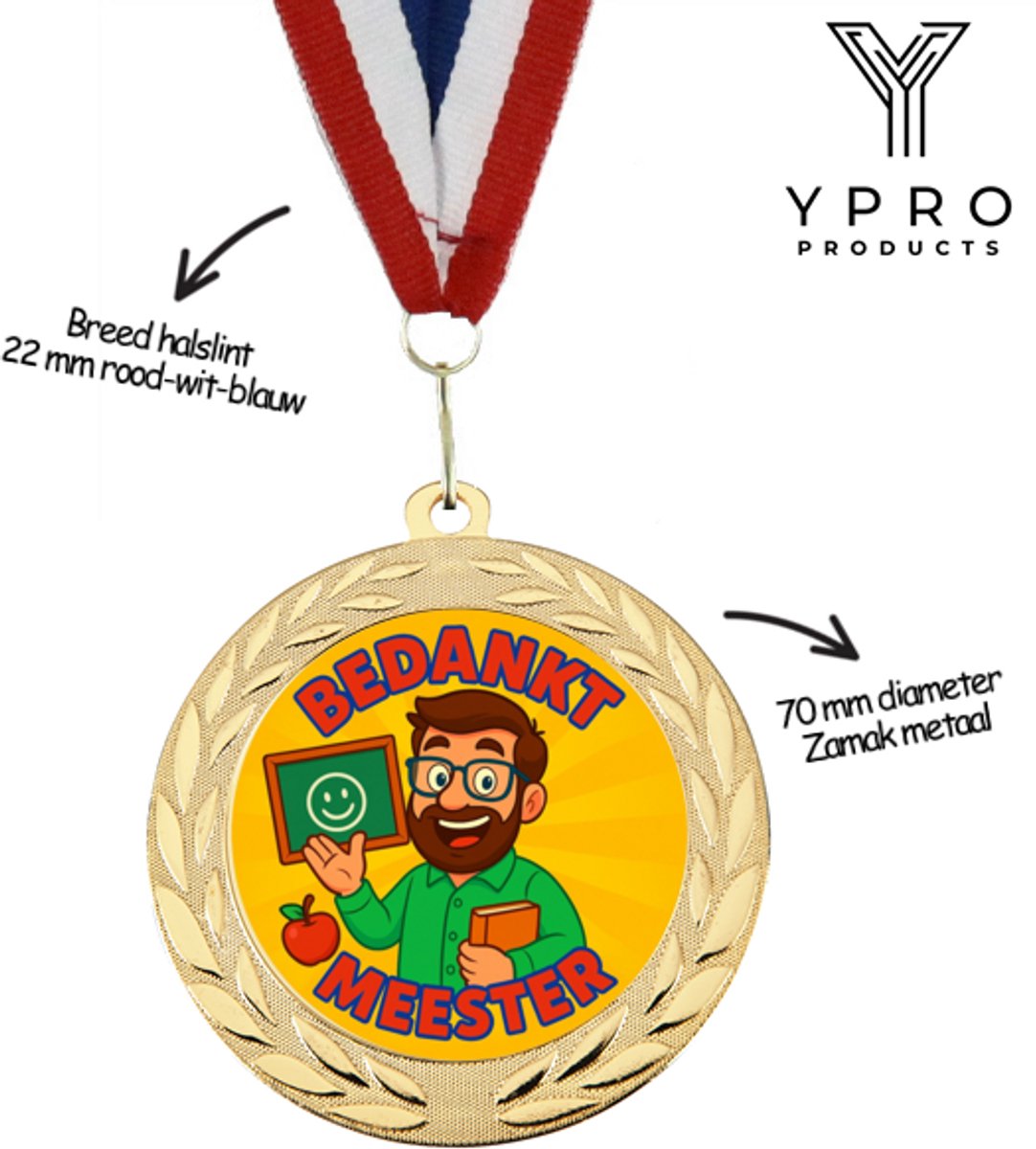 Bedankt Meester Medaille – Goudkleurig – 70 mm – Met Rood-Wit-Blauw Halslint – Origineel Cadeau voor de Meester aan het Einde van het Schooljaar