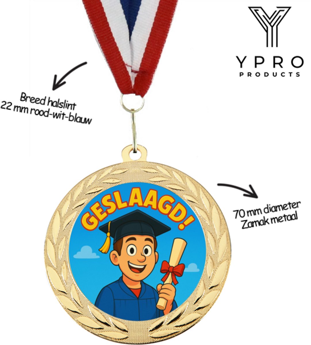 Geslaagd Medaille voor Jongens – Goudkleurig – 70 mm – Met Rood-Wit-Blauw Halslint – Perfect Cadeau voor een Geslaagde!