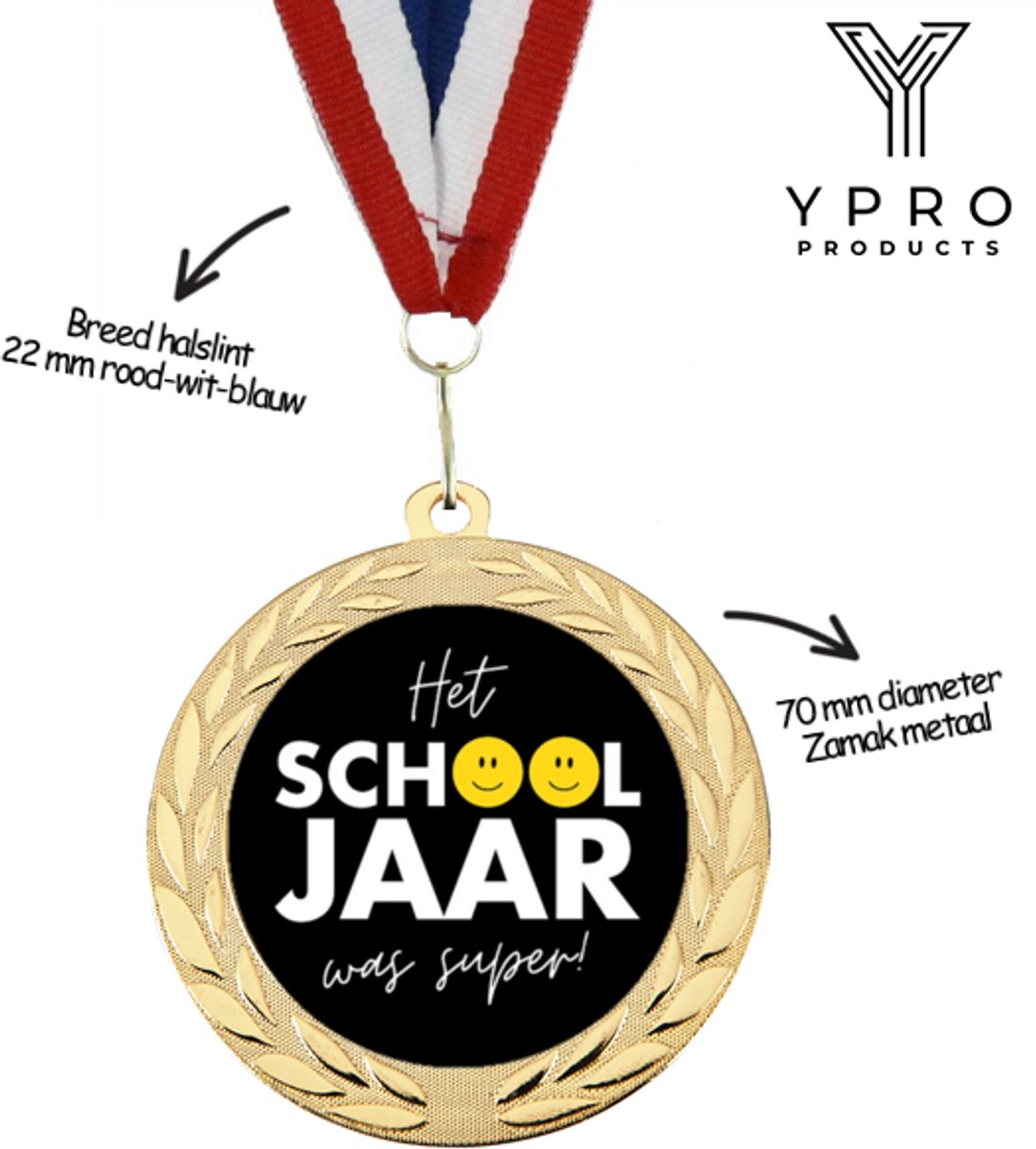 Het Schooljaar was Super medaille van metaal - goudkleurig - inclusief halslint - bedankmedaille voor juffen, meesters, docenten etc.