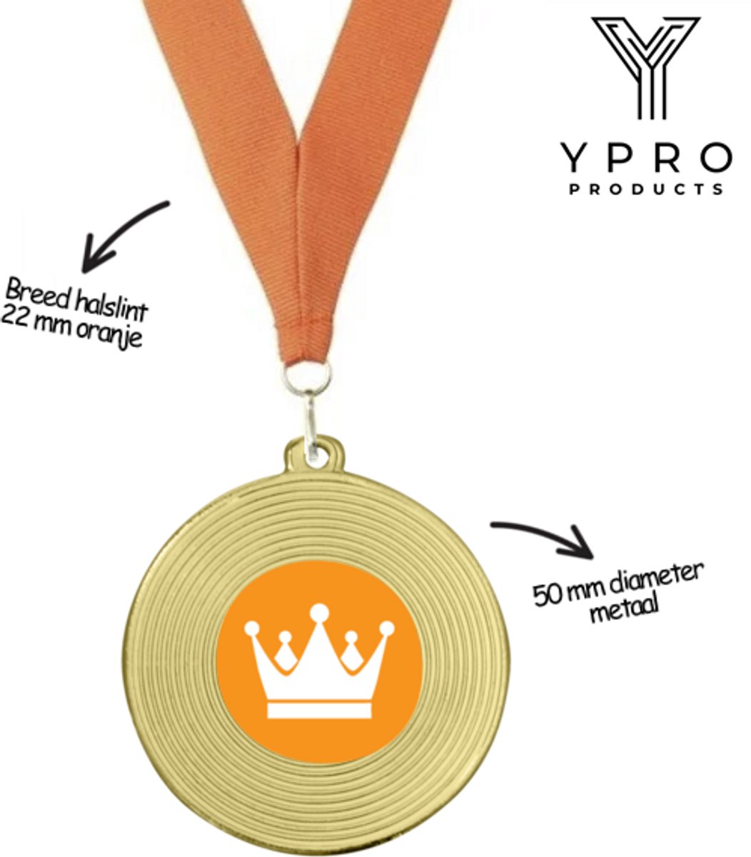 Koningsdag Medaille - Metaal Goud - Oranje Kroon en Halslint