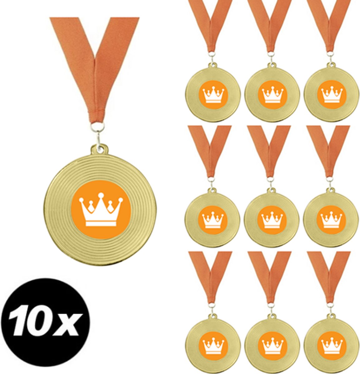 Koningsdag Medailles - SET 10 stuks - Metaal Goud - Medaille met oranje Kroon en Halslint