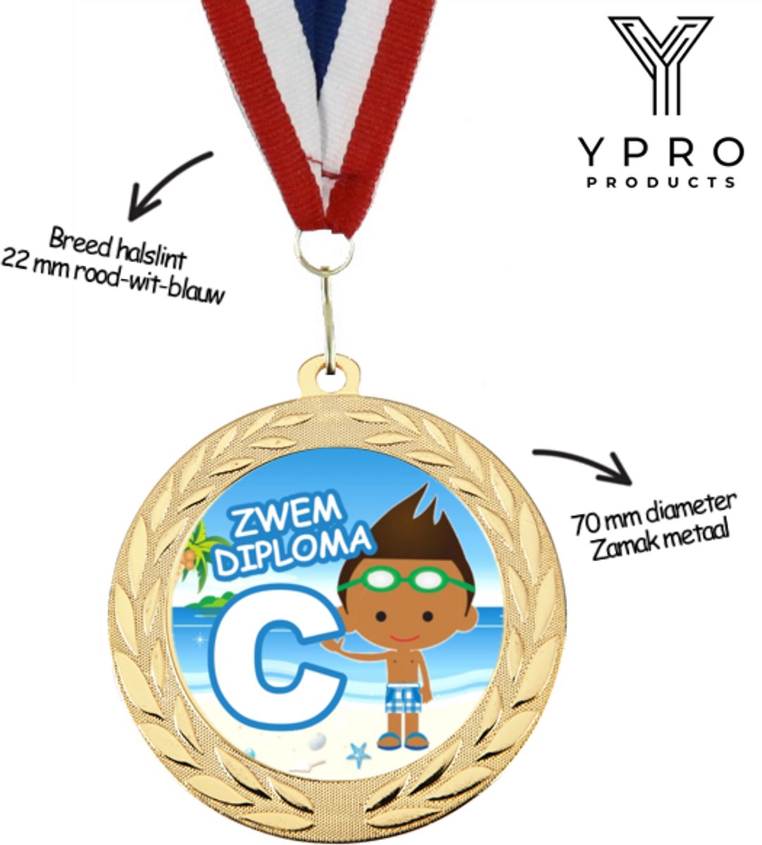 Medaille Zwemdiploma C - Jongens / Boys - Goudkleurig - 70 mm - inclusief halslint