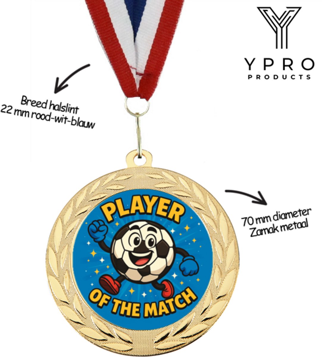 Player of the Match Medaille – Goudkleurig – 70 mm – Met Rood-Wit-Blauw Halslint – Voetbal Medaille voor de Beste Speler