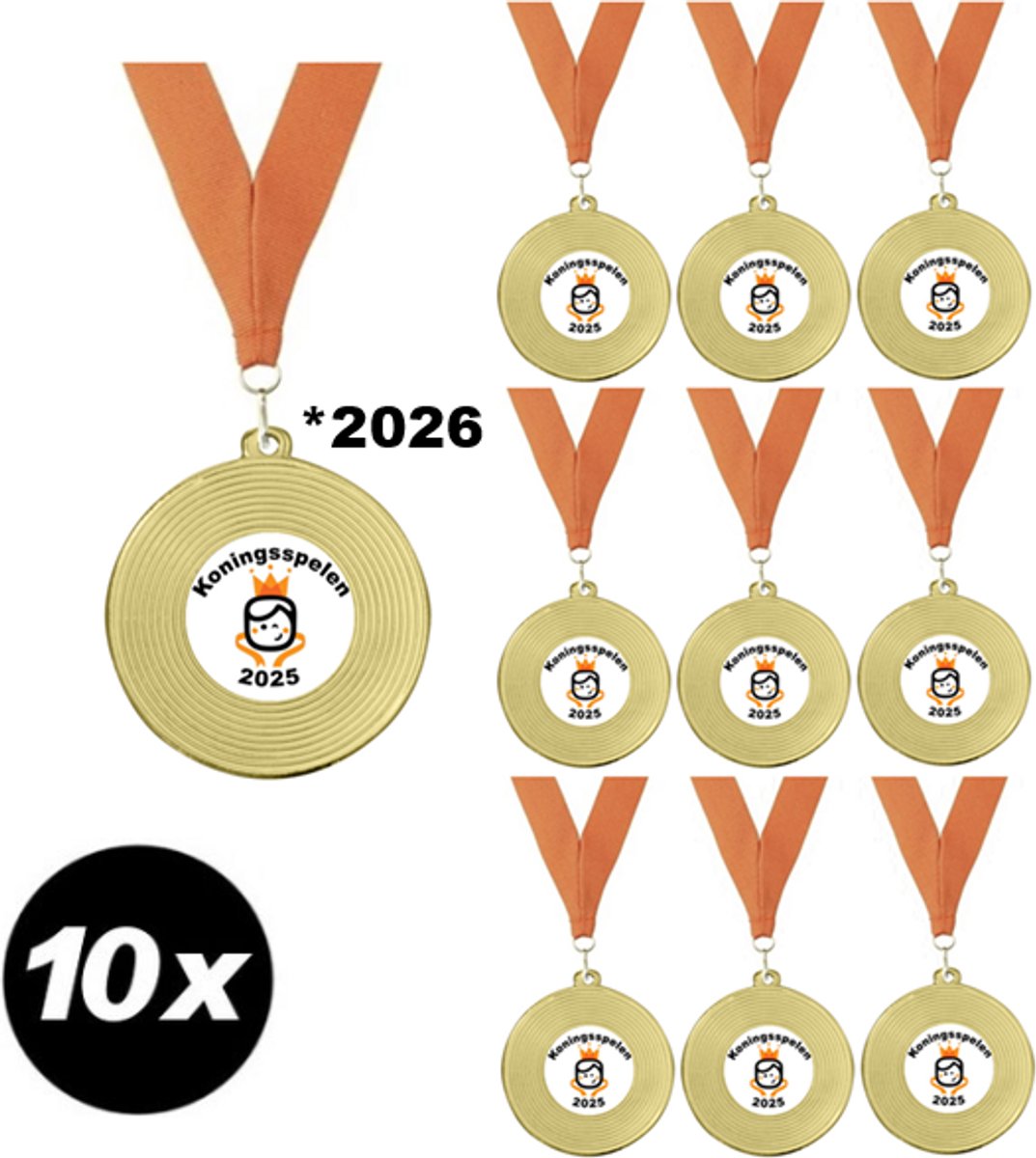 Set van 10 Koningsdag 2026 Medailles – Koningsspelen Medailles voor Kinderen – Goudkleurig – 50 mm met Oranje Halslint