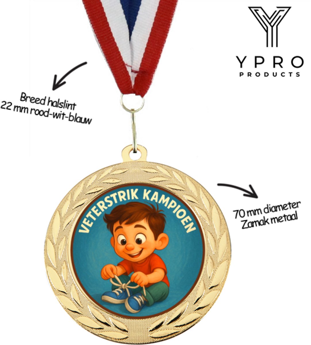 Veterstrik Kampioen Medaille – Goudkleurig – 70 mm – Met Rood-Wit-Blauw Halslint – Leuk Cadeautje voor Jonge Kinderen