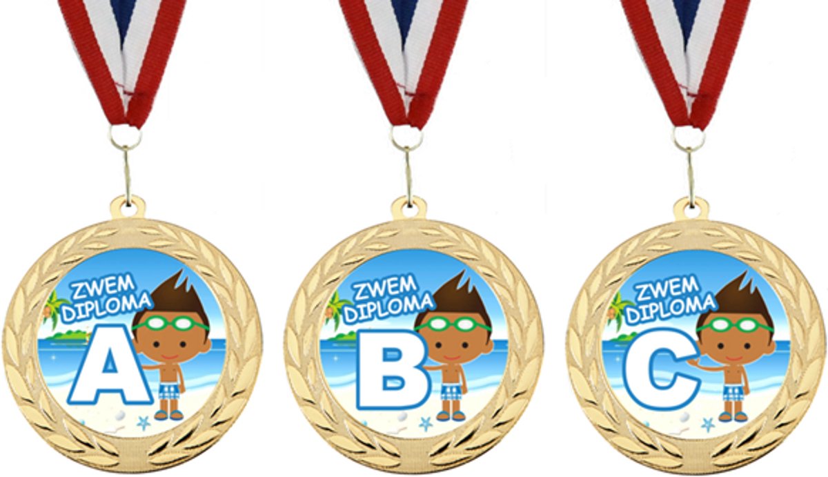 Zwem Diploma Medaille Set Jongen - Goudkleurig Metaal - Diploma A, B en C - 70 mm - Rood, wit, blauw halslint