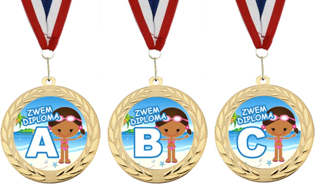 Zwem Diploma Medaille Set Meisje - Goudkleurig Metaal - Diploma A, B en C - 70 mm - Rood, wit, blauw halslint