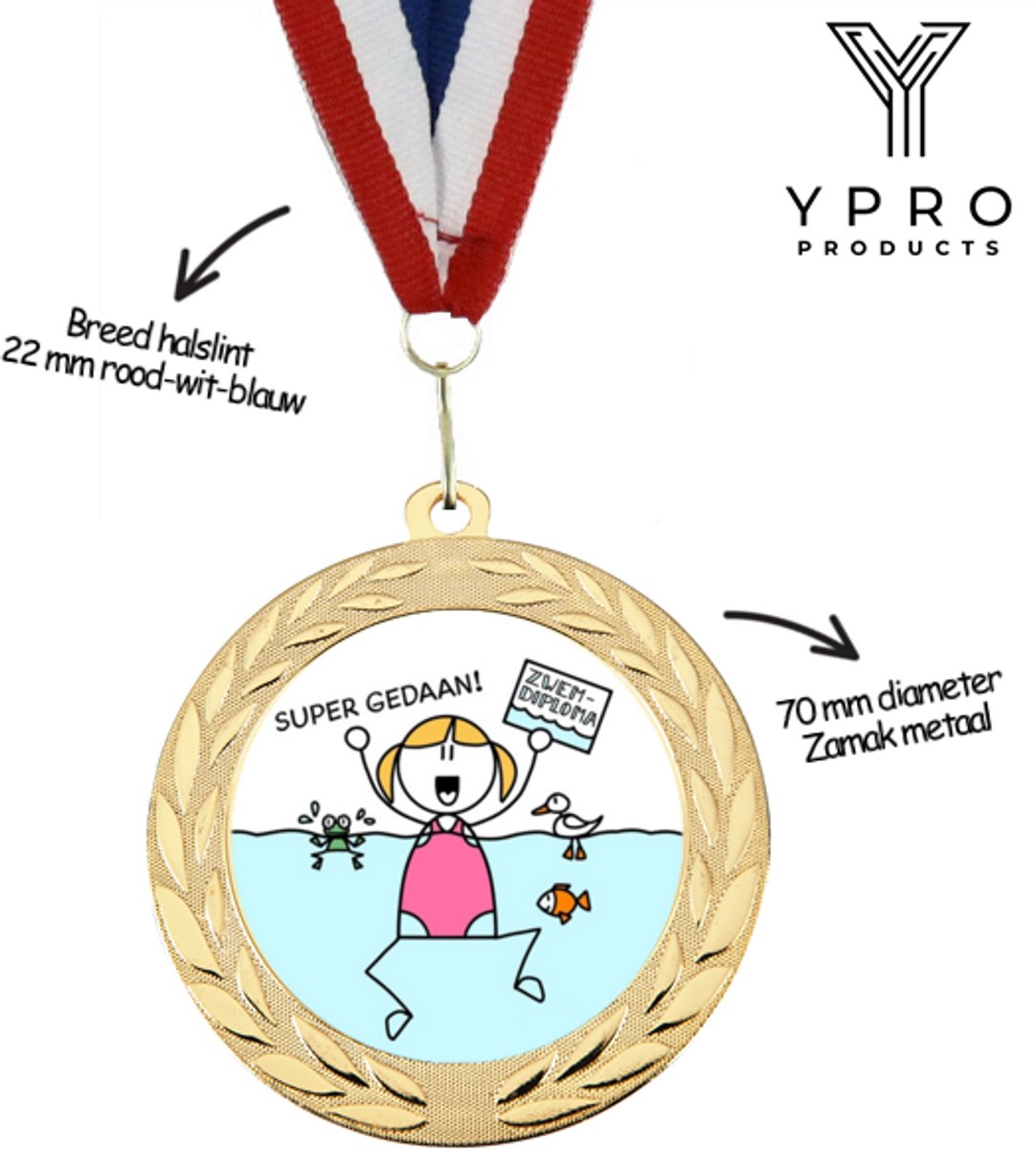 Zwemdiploma medaille van metaal met halslint voor kinderen - Meisjes - goudkleurig