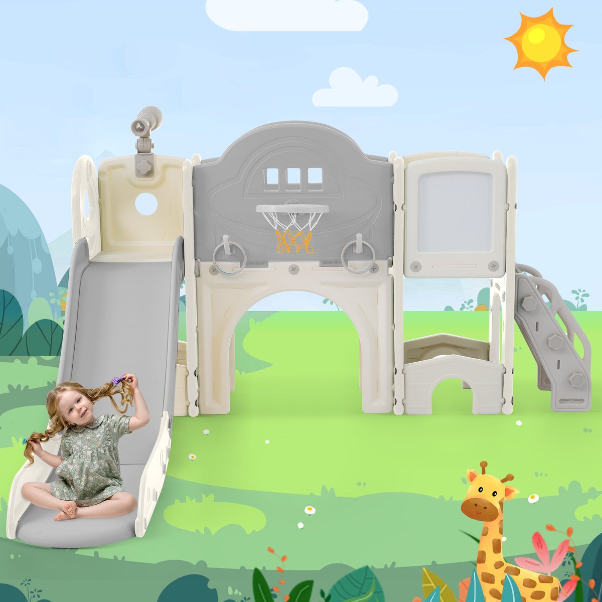 10-in-1 Kinder Glijbaan & Klimspeelgoed – Multifunctionele Speelset met Klimmuur, Basketbalring, Golfspel, Dartbord, Lasso, Opbergruimte & Meer