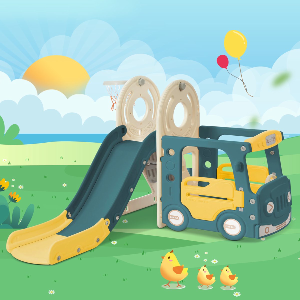 4-in-1 Kinder Glijbaan Set – Met Busje, Glijbaan, Klimladder & Basketbalring + Basketbal – Gemaakt van Hoge Dichtheid Polyetheen