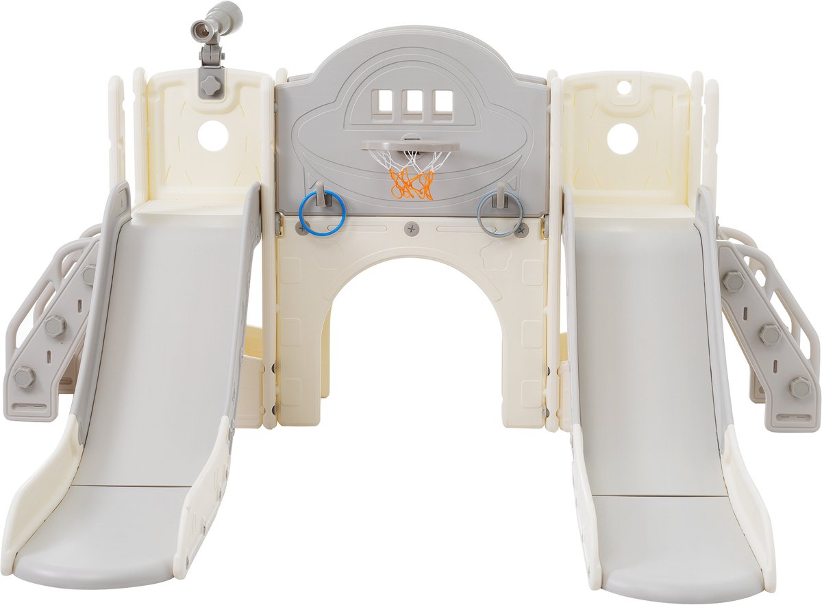 8-in-1 Kinder Glijbaan Klimspeelgoed - Multifunctionele Glijbaan met 2 Glijbanen, Klimmuur, Opbergruimte & Meer-Grijs