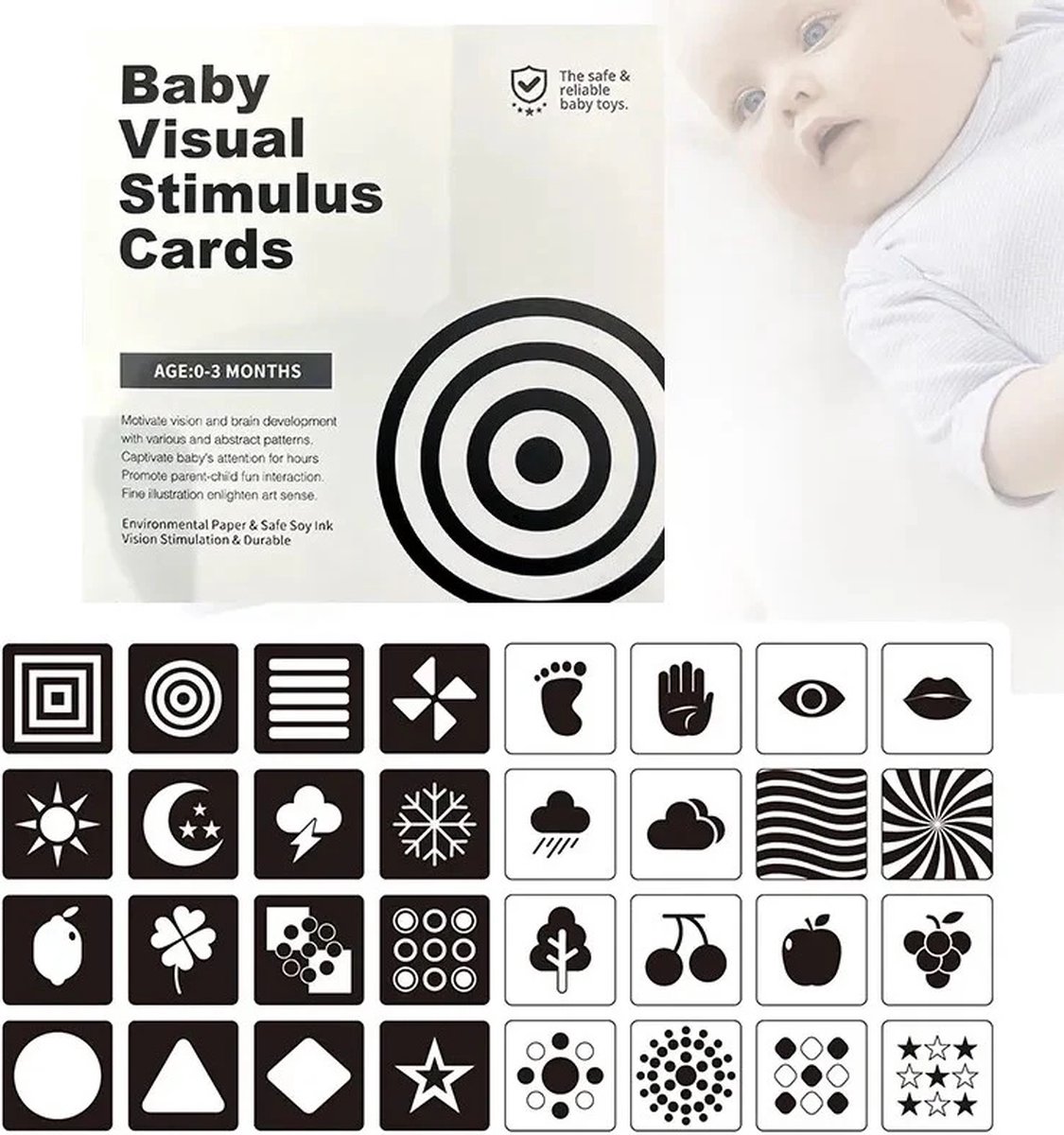 Ychee - Babys / Kinderen Visuele Stimulatie Kaarten - Training Kaarten - 14x14CM - Dubbelzijdig - 20 kaarten/40 afbeelding - 0-3 maanden