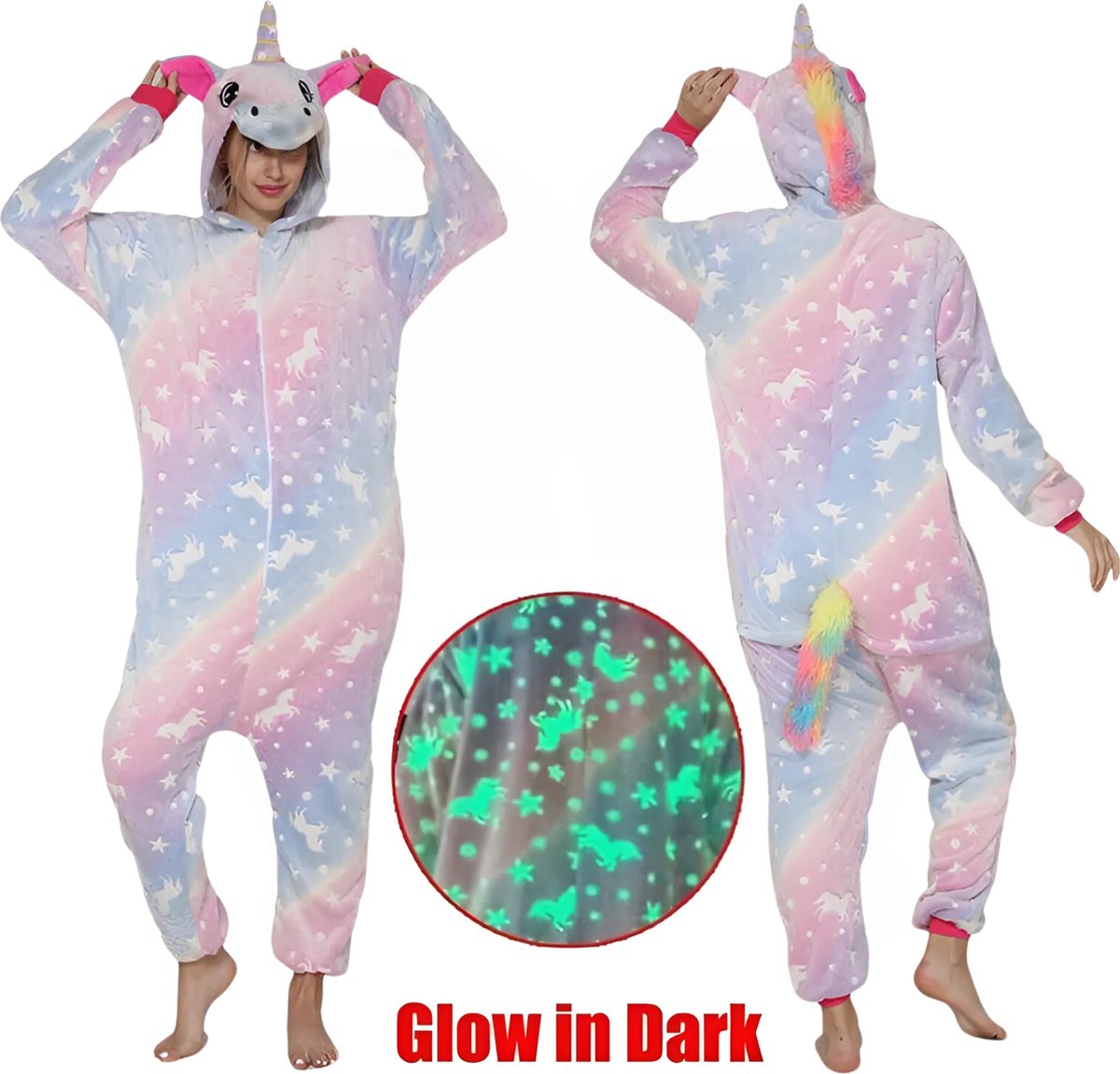 Carnavalskleding - Onesie - Unicorn - Glow In The Dark - XL - 186 - 200 cm - Unisex - Kostuum - Eenhoorn