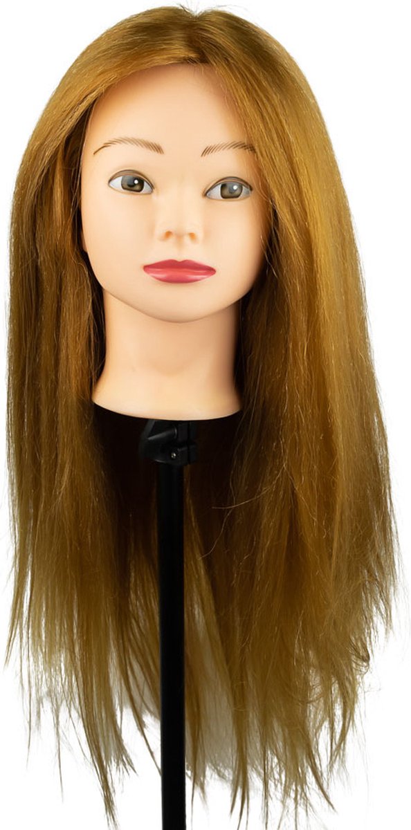 Oefenhoofd Donna met echt haar 60-70 cm haarlengte - kappershoofd met tafelklem - donkerblond kaphoofd