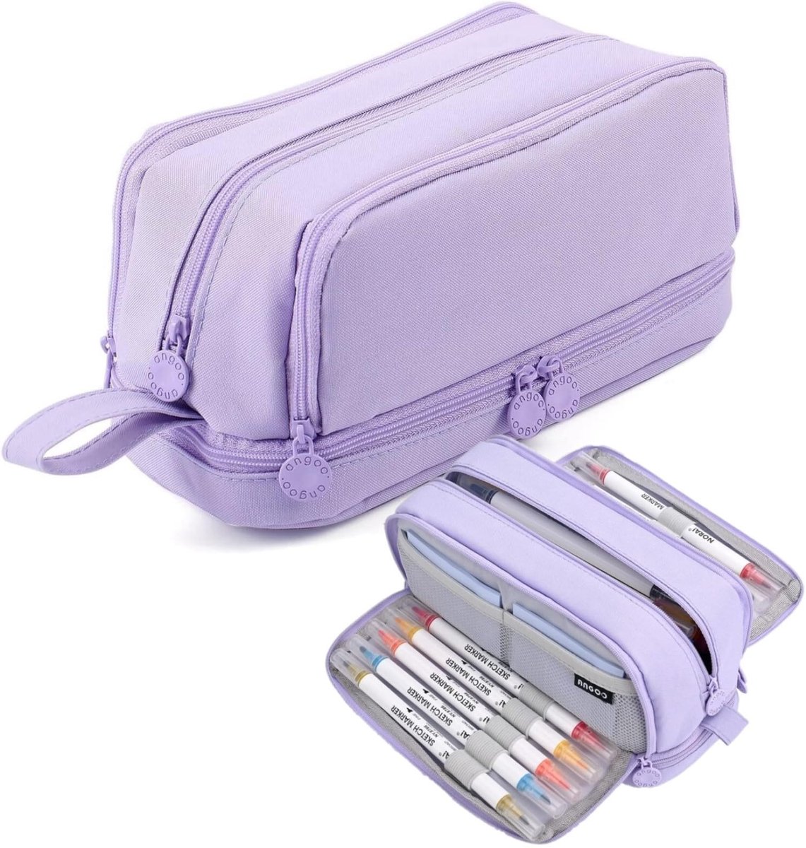 Paarse Pennenetui met Grote Capaciteit – Canvas Etui met 4 Compartimenten – Duurzame Rits & Handgreep – Multifunctionele Opbergtas voor School, Kantoor & Reizen