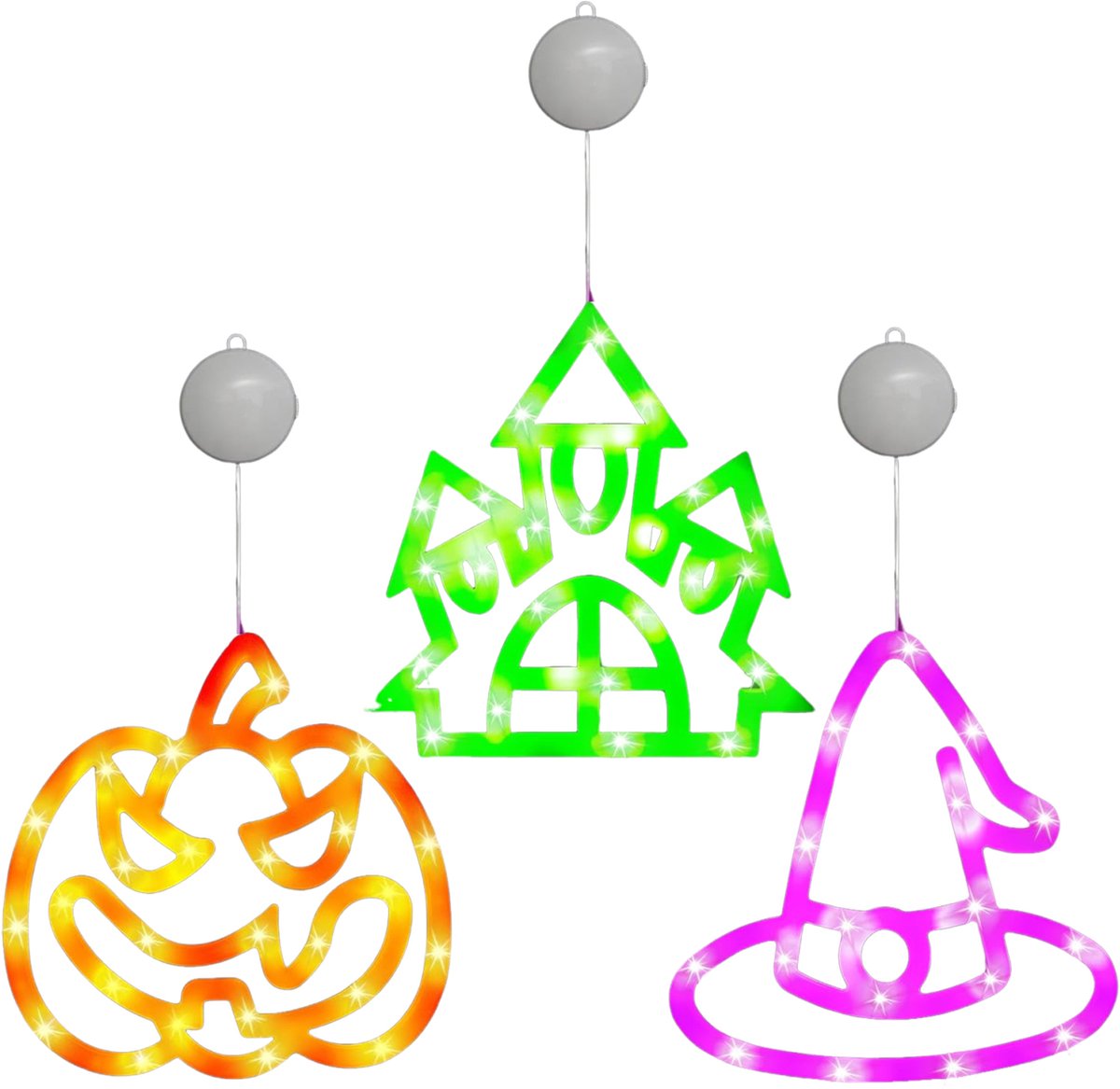 Ynkkvre - Halloween Decoration, Pack of 3 Halloween Decorative Windows, Orange Pumpkin Purple Witch Hat Green House Halloween Fairy Lights with Hooks, Battery Operated Halloween Window Decoration for Indoor