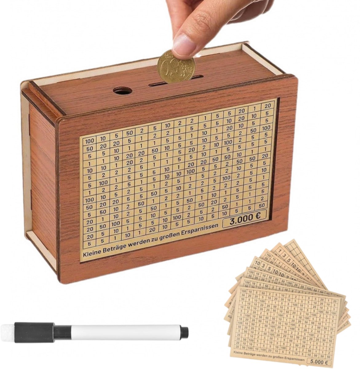 Ynkkvre - Houten Spaarpot - Met Marker Stickers - Herbruikbare Spaarpot met Teller - Houten Spaarpot met Spaar Doel - Voor Tikkende Spaarpot