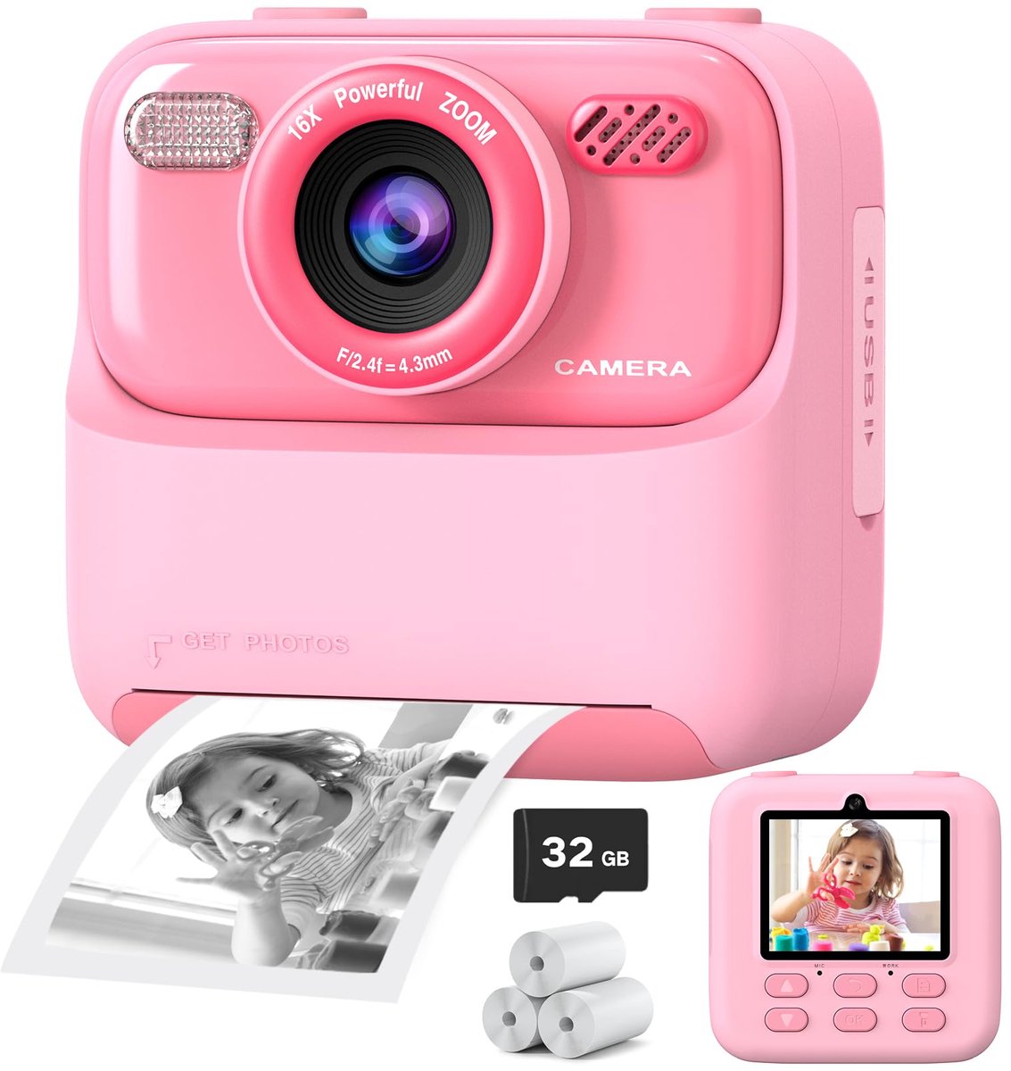 Ynkkvre - Kindercamera - Digitale Kindercamera - Fotoprinter - Fototoestel voor Kinderen - Camera Kinderen - Direct Print Functie - 32GB SD Kaart - 2.4 Inch Scherm