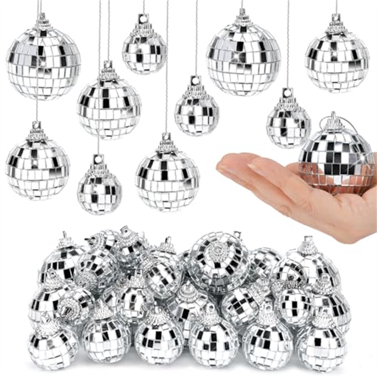 Ynkkvre - Set van 16 kleine discoballen - reflecterende ballen - mini multifunctionele ballen - herbruikbaar - decoratieve ballen - geschikt voor taartdecoratie, feest-, bar- en feestversiering - 4 stuks van elk 2 cm, 3 cm, 4 cm en 5 cm
