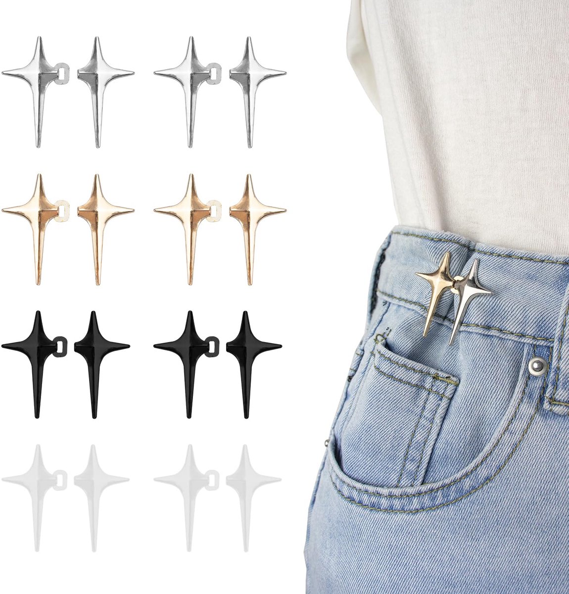Ynkkvre 8 Paar Jeans Knopen – Vier Magische Sterren, Meerkleurige Verstelbare Tailleknopen voor Broeken, Geen Naaien Nodig, Taille Strakker Maken