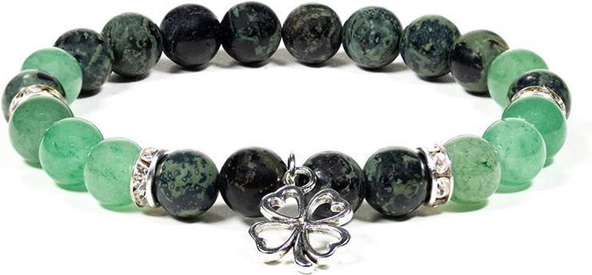 Armband kambaba/groene aventurijn met Klavertje