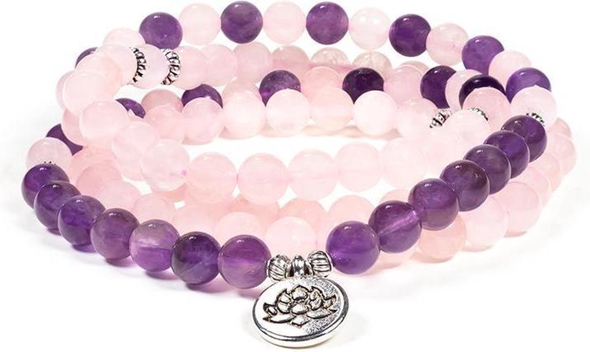 Mala Rozenkwarts Amethist Elastisch met Lotus