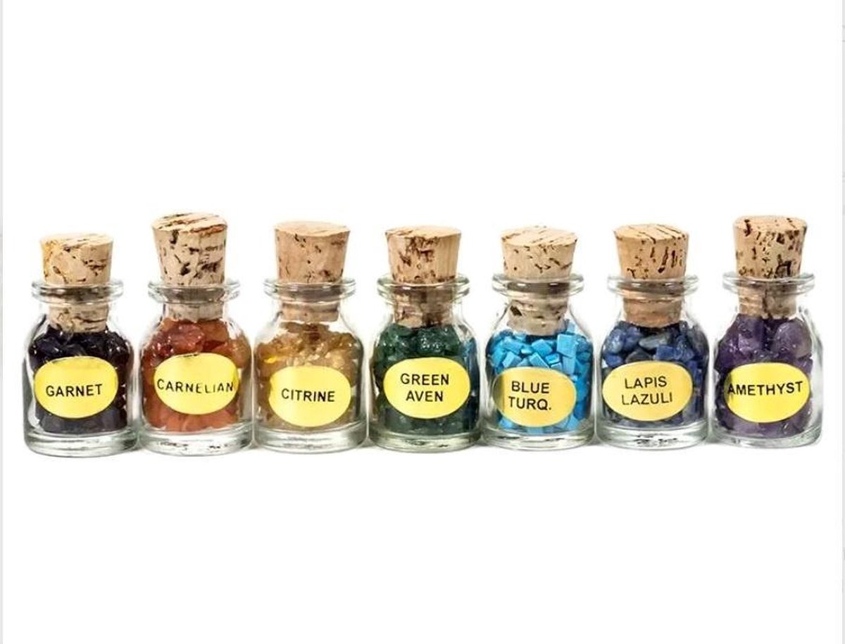 7 Chakra edelsteen geschenkflesjes -- 23x6.5x3cm
