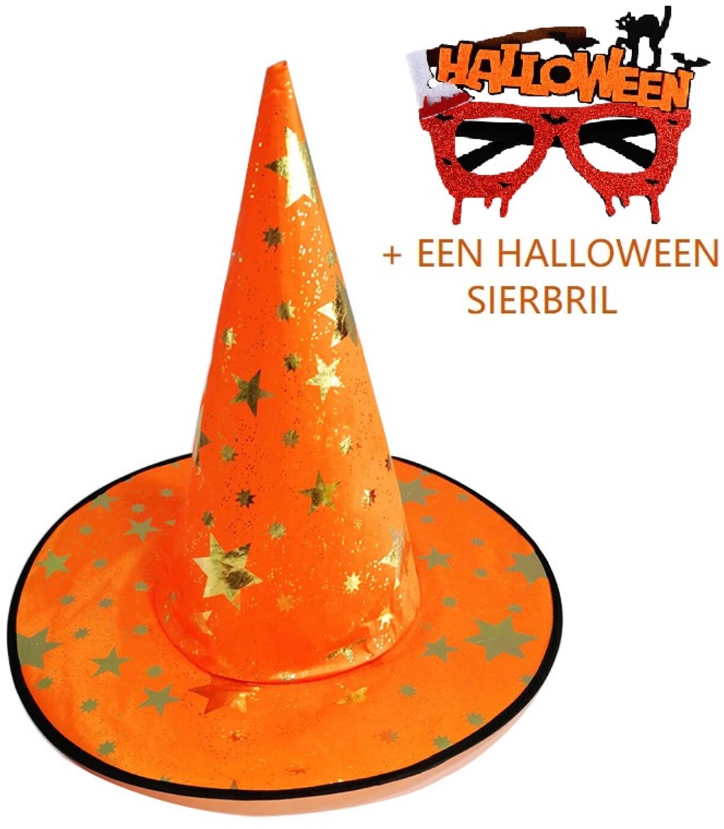 Halloween hoed Oranje met sierbril - Heksenhoed voor kinderen en volwassenen - Carnaval verkleed hoeden- Halloween feest- Verkleedpartij unisex