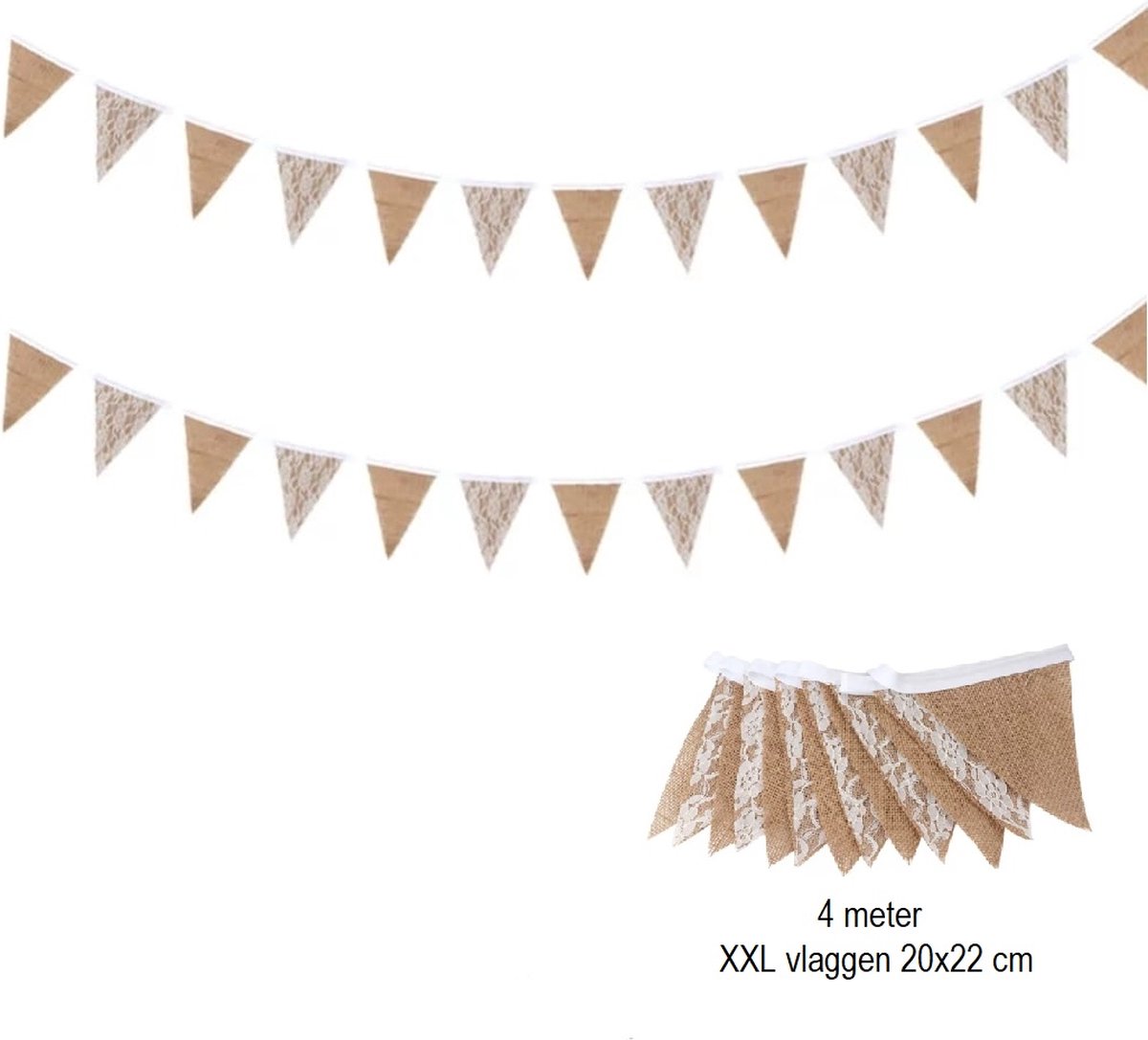Jute kant vlaggenlijn-Natural , kant Slinger- Set 2x Vlaggen lijn -Youhomy feestartikelen Jute kant- Versiering slinger bruiloft Vintage - Huwelijk - Feest - Verjaardag - Jubileum -Wedding decor