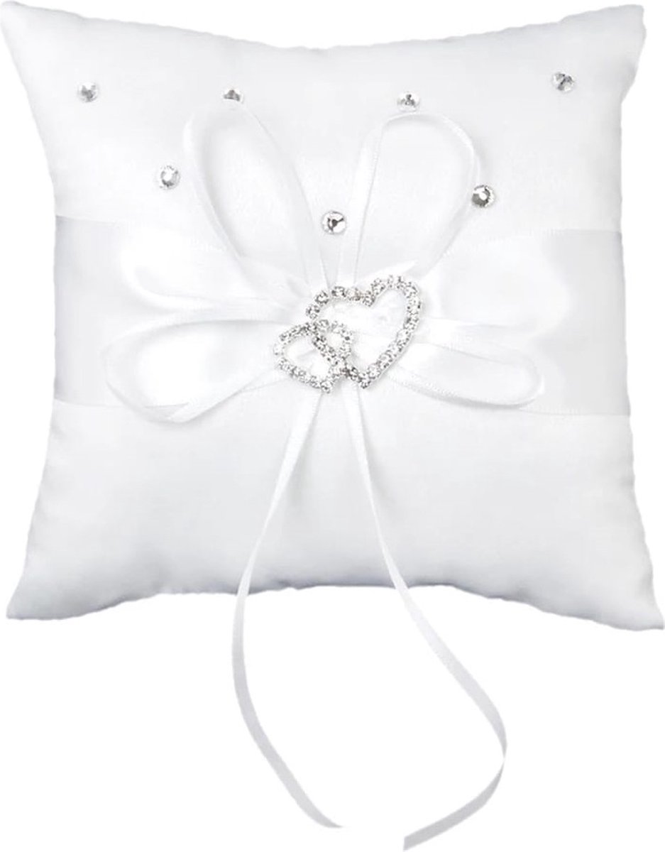 Klassiek Ringkussen Wit- 15X15 cm- Helder wit met fonkelende Hartjes en glinsterde steentjes- BRUILOFT RINGKUSSEN- POLYESTER,SATIJN- YOUHOMY WEDDING DECOR