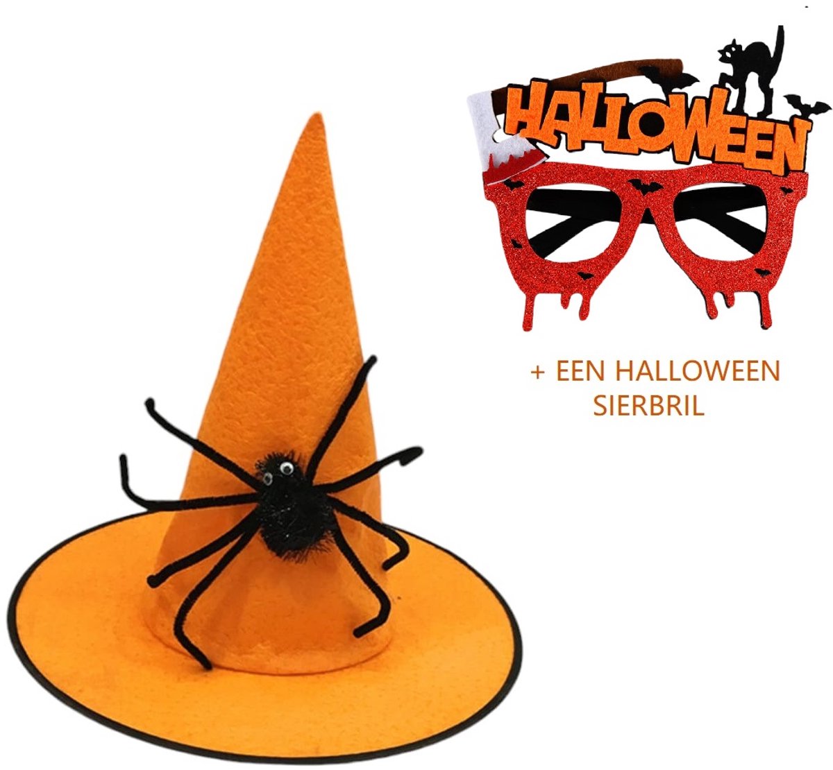 Oranje Halloween heksenhoed met spin met sierbril Halloween - verkleed accessoires- Unisex hoed- Volwassenen en kinderen